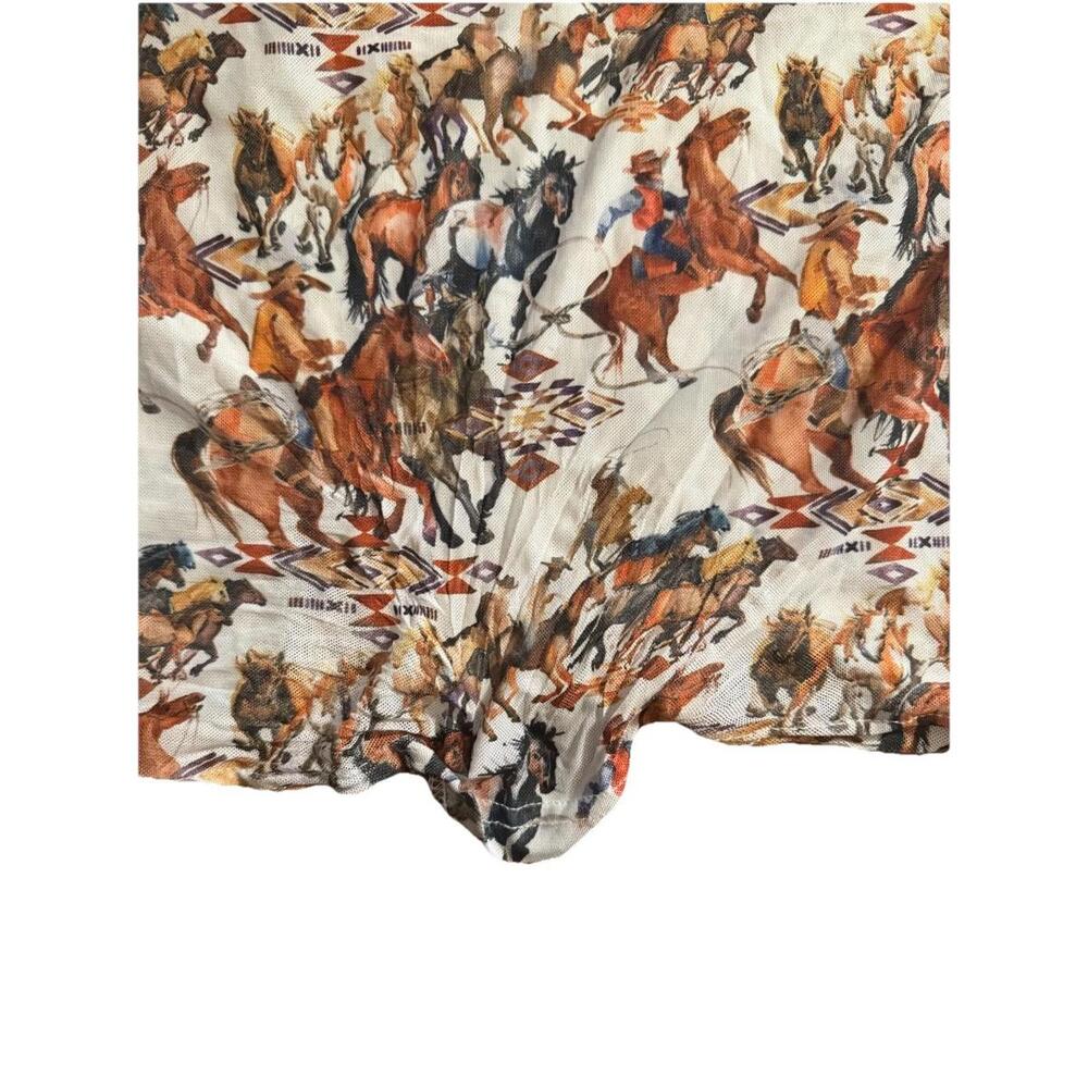 Janz Brand Women’s Small Western Style Mesh Top Horsing Around Cowboy Print - Picture 6 of 6